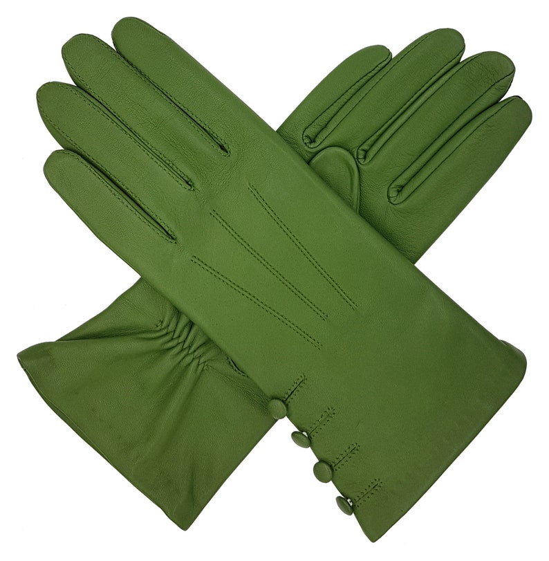 Kate. Women's Silk Lined Button Leather Gloves Green