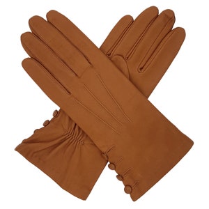 Kate. Women's Silk Lined Button Leather Gloves Hazelnut