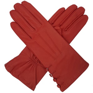 Kate. Women's Silk Lined Button Leather Gloves Red