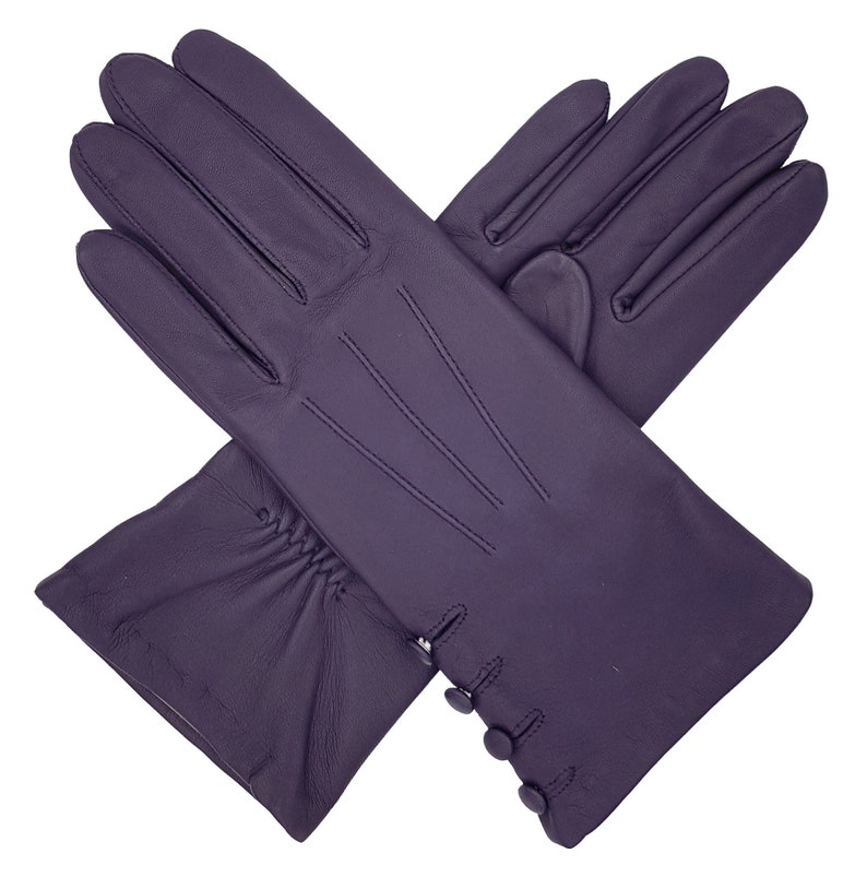 Kate. Women's Silk Lined Button Leather Gloves Purple