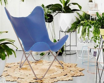Butterfly Leather Chair | Living Room and Bedroom Chair |  Blue Chair | Handmade Genuine Cover with Powder Coated Folding Iron Frame