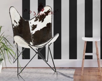 Premium Cowhide Leather chair Butterfly Black folding chair- Living Room Accent Lounge Arm Seat - Gift for Her, Home Decor, Retro chair