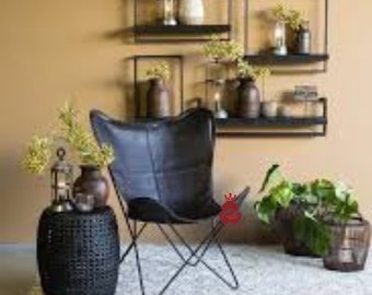 Genuine black butterfly leather chair,Living Room Chairs,home decor relaxing chair,Handmade with Powder Coated Folding Iron Frame