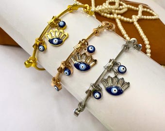 Dangle Evil Eye Bracelet - Gold Bangle - Silver Jewelry - Unisex Stackable Bracelet