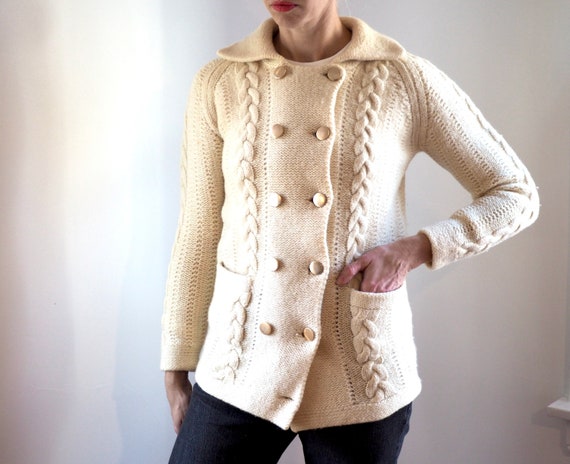 True Vintage Heavyweight Cream Wool Cable Cardigan Jacket With