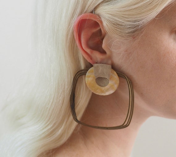 Vintage Mother-of-pearl, Suede and Brass Earrings - image 1