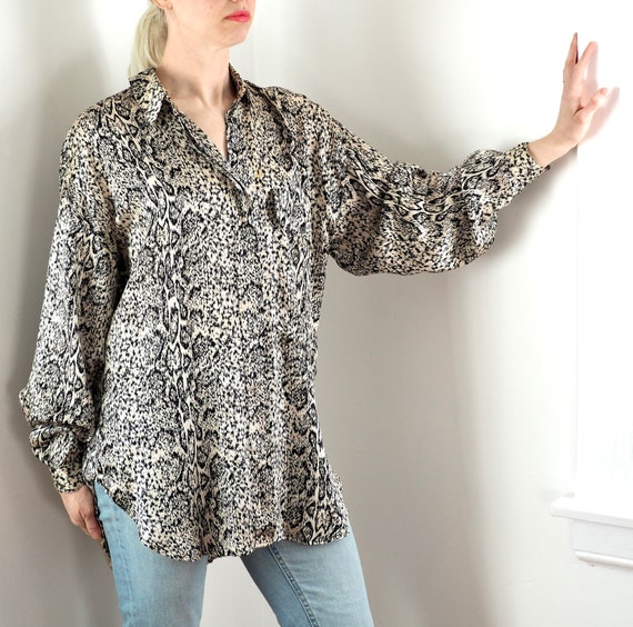 Vintage 1980s Abstract Animal Print Silk Blouse, … - image 1