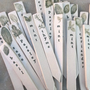 May include: A set of 14 white ceramic plant markers with different herbs printed on them. The herbs include basil, sage, parsley, thyme, mint, and coriander.