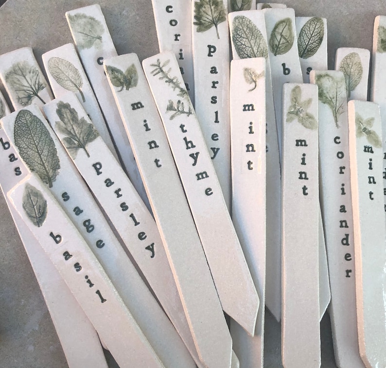 May include: A set of 14 white ceramic plant markers with different herbs printed on them. The herbs include basil, sage, parsley, thyme, mint, and coriander.
