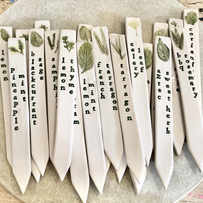 May include: A set of 18 white ceramic plant markers with green foliage and black lettering. The markers are labeled with the names of various herbs and plants, including rosemary, thyme, mint, and tarragon.