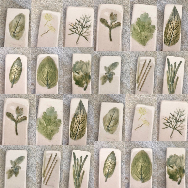 May include: A set of 20 ceramic tiles with pressed botanicals. Each tile features a different type of leaf or flower, including dill, parsley, and lavender. The tiles are a light beige color with a subtle green tint.