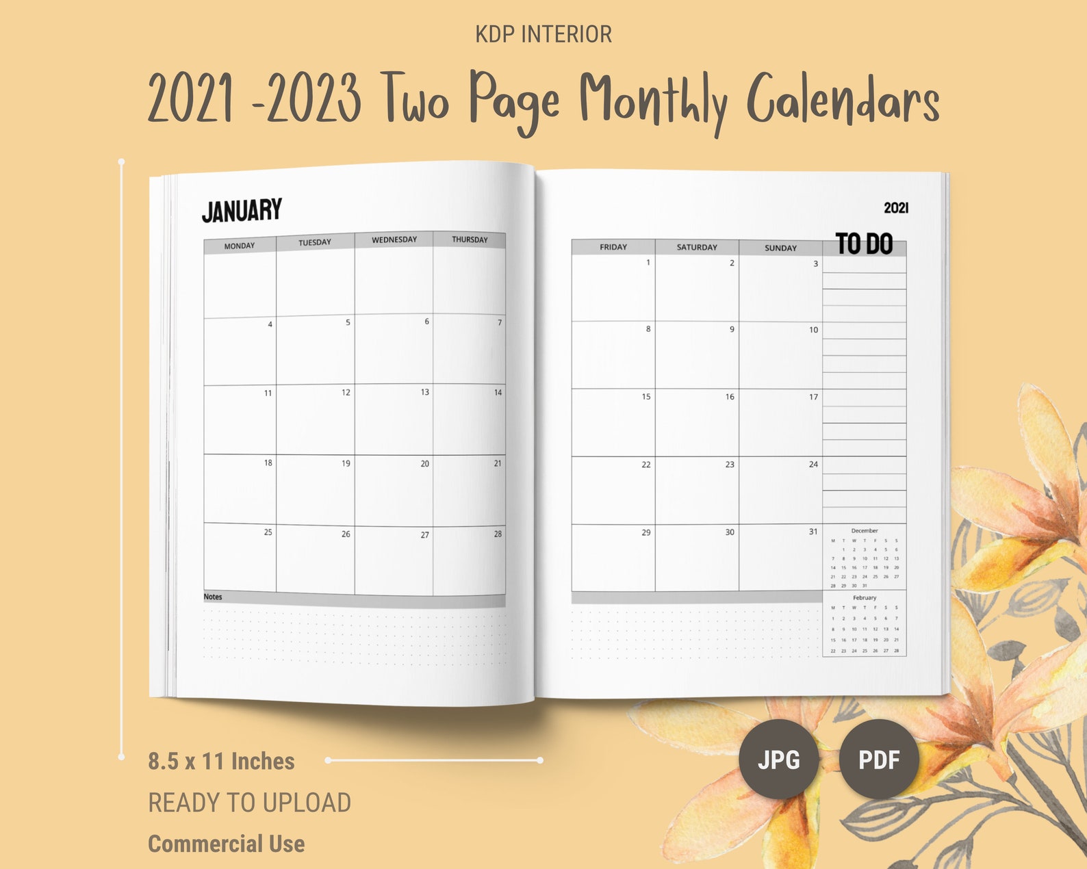 KDP Two Page Monthly Calendars 2021 2023 KDP Template Etsy Australia