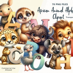 Imágenes prediseñadas del alfabeto de animales africanos: adorables gráficos de letras, perfectos para proyectos educativos y decoración de guarderías