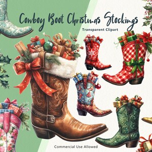 May include: A set of eight cowboy boot Christmas stockings with various designs. The boots are filled with presents and decorated with bows, holly, and other festive elements. The text "Cowboy Boot Christmas Stockings" and "Transparent Clipart" is visible at the top of the image. The text "Commercial Use Allowed" is visible at the bottom of the image.