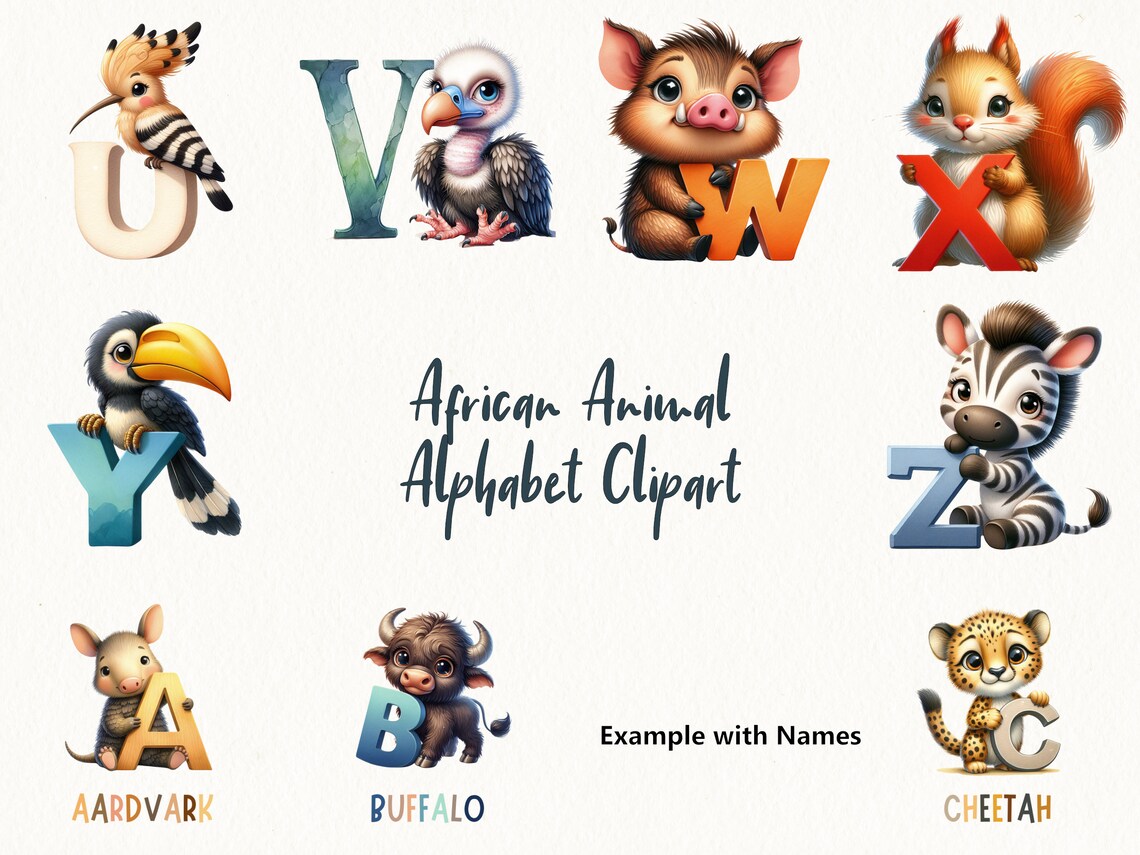 African Animal Alphabet Clipart - Adorable Letter Graphics, Perfect for ...