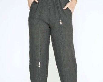Linen Trousers with Decorative Buttons