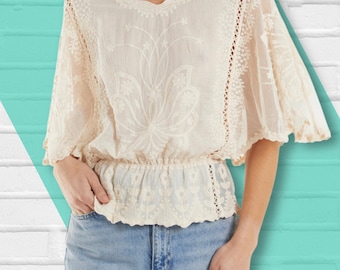 Embroidered Cotton Blouse with Lace Angel Wing Sleeves