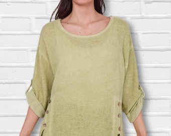 Crushed Linen Double Slit Tunic with 6 Decorative Buttons