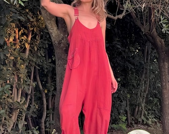 Linen Boho Dungarees with Adjustable Straps (Made in Italy)