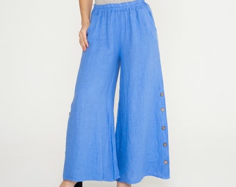 Wide Legged Linen Trousers w/ Decorative Buttons