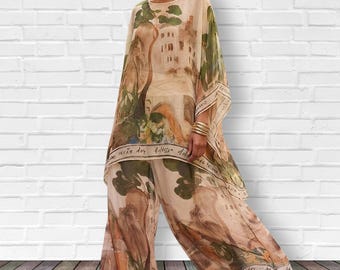 Landscape Print Silk Feel 2 Piece Co-ord Outfit