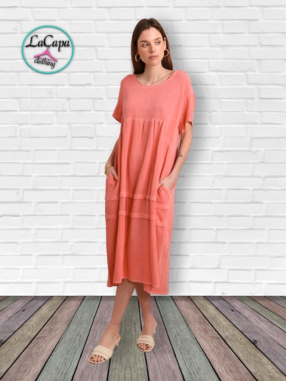 chinese dress ladies Ladies Women Italian Lagenlook Floral Print Pleat Back Linen Dress –  Texture Online main image 0