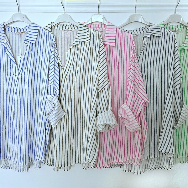 Linen Collared Striped Blouse (Made in Italy)