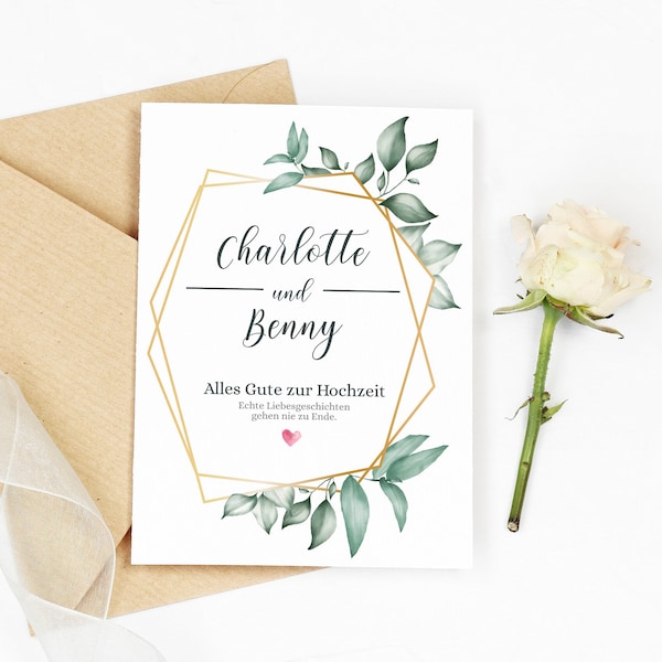 Glückwunschkarte zur Hochzeit Hochzeitskarte personalisiert Klappkarte Faltkarte mit Umschlag Grußkarte für das Brautpaar Eukalyptus