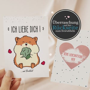 Carte de Saint-Valentin avec cœur à gratter, carte de Saint-Valentin à gratter, carte de Saint-Valentin personnalisable, Hamster au brocoli, Saint-Valentin