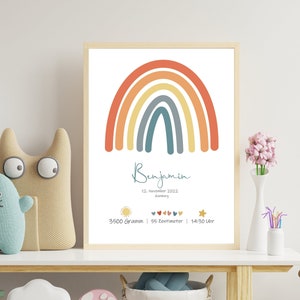 Geburtsposter mit Sonne und Regenbogen, personalisiert Geschenk zur Geburt und Taufe, Deko Kinderzimmer