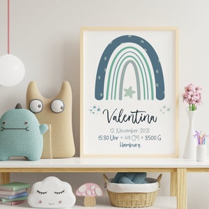 Geburtsanzeige Regenbogen blau personalisiert Poster Din A4 \ Geburtsposter Din A3 \ Geburtsposter Regenbogen \ Geschenk zur  Taufe
