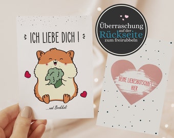 Valentinskarte mit Rubbelherz, Valentinstags karte zum freirubbeln, Valentinstags karte personalisierbar, Hamster mit Brokkoli, Valentin