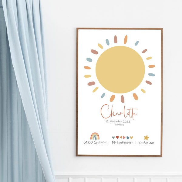 Birth poster with sun and rainbow, personalized gift for birth and baptism, decoration for children's room