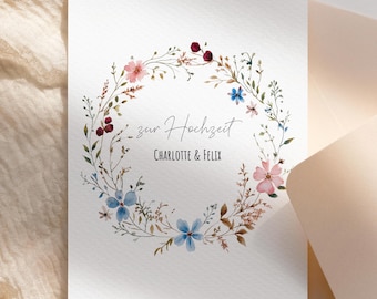 Carte de félicitations de mariage carte pliante personnalisée avec enveloppe carte de vœux pour les mariés fleurs sauvages, noces d'argent,