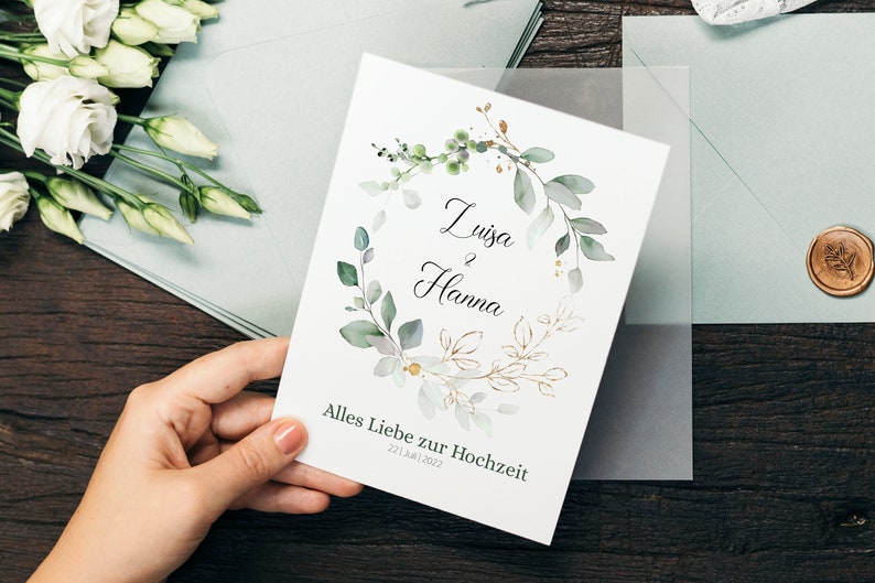Glückwunschkarte zur Hochzeit personalisiert Klappkarte mit Umschlag Grußkarte für das Brautpaar Eukalyptus Blätter, Silberhochzeit Bild 2