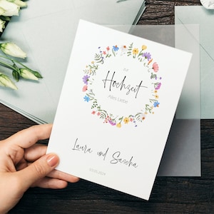 Carte de félicitations de mariage carte pliante personnalisée avec enveloppe carte de vœux pour les mariés fleurs sauvages, noces d'argent