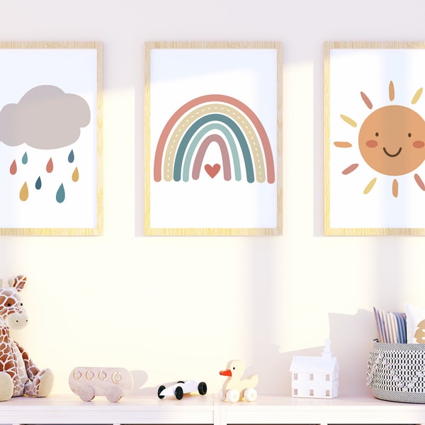 Poster Set Regen | 3er Set | Wolke Regenbogen Sonne | Set | Boho Rainbow Sun | Poster Kinderzimmer | Geschenk | Geburtstag | Taufe