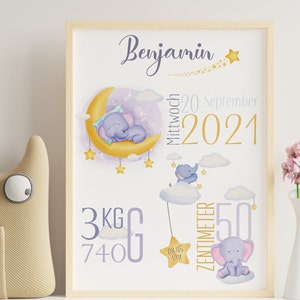 Geburtsposter Geburtsdaten personalisiert Kinderzimmer Elefant Mond und Sterne