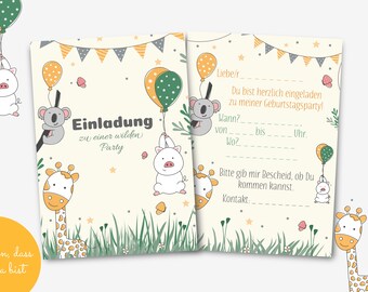 Einladungskarten Set für den Kindergeburtstag Safari mit Umschlägen, Sticker und Tüten, Schwein, Giraffe, Koala | 5er | 8er | 10er und mehr