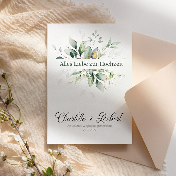 Glückwunschkarte zur Hochzeit personalisiert Klappkarte mit Umschlag Grußkarte für das Brautpaar Eukalyptus Blätter