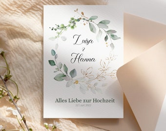 Carte de félicitations de mariage carte pliante personnalisée avec enveloppe carte de vœux pour les mariés feuilles d'eucalyptus, mariage d'argent, nikkah