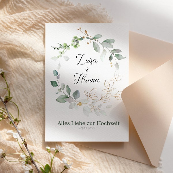 Glückwunschkarte zur Hochzeit personalisiert Klappkarte mit Umschlag Grußkarte für das Brautpaar Eukalyptus Blätter, Silberhochzeit