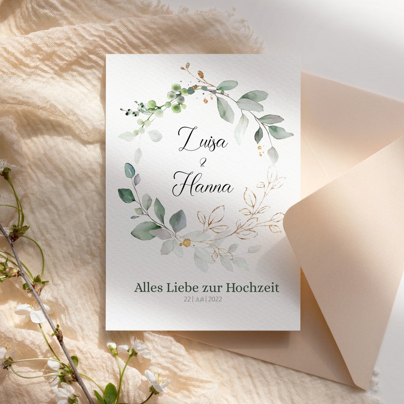 Glückwunschkarte zur Hochzeit personalisiert Klappkarte mit Umschlag Grußkarte für das Brautpaar Eukalyptus Blätter, Silberhochzeit Bild 1