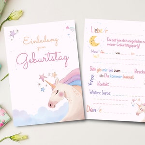 Einladungskarten Set zum Kindergeburtstag mit Einhorn, Sticker und Tüten | 5er | 8er und mehr