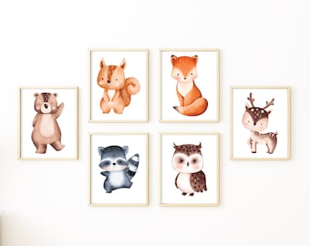 Waldtiere Poster Set, Din A4, Din A3, 13x18, Kunstdruck, Print, Poster Kinderzimmer, Geschenk, Tiere, Bär, Fuchs, Waschbär, Hase, Vogel