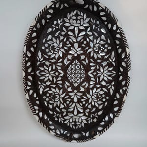 Wooden Handcarved Mother Of Pearl Decorated Oval Serving Tray