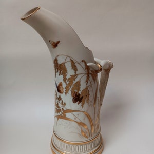 Royal Worcester Ceramic Blush Ivory Antique Art Nouveau Tusk Ice Jug Pitcher Ewer with Antler Handle