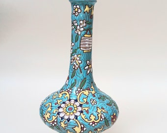 Middle Eastern Longwy Style Ceramic Relief Pipe Vase