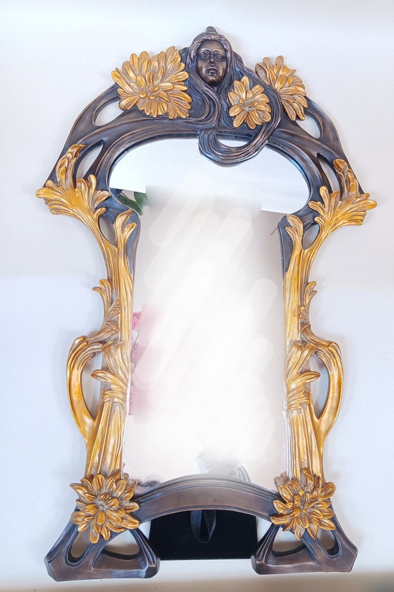 Ornate Art Nouveau Table Mirror, Gold & Black Floral Maiden Vanity