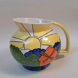 Art Deco Windmill Pitcher - Clarice Cliff Style Hand Painted Ceramic Jug, Vintage Mid Century Pottery, Heron Ceramic Sun Burst Denise Steele
